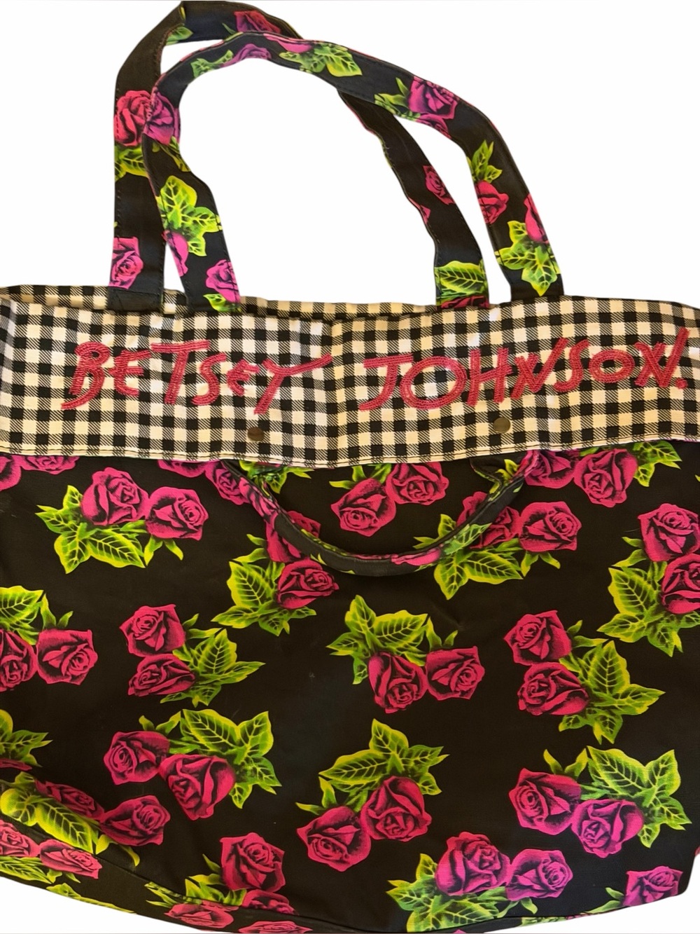Betsey Johnson Black Tote with Neon Pink Roses and Lime Leaves